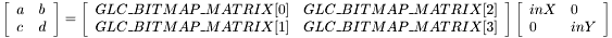 $ \left [ \begin {array}{ll} a & b \\ c & d \\ \end {array} \right ] = \left [ \begin {array}{ll} GLC\_BITMAP\_MATRIX[0] & GLC\_BITMAP\_MATRIX[2] \\ GLC\_BITMAP\_MATRIX[1] & GLC\_BITMAP\_MATRIX[3] \\ \end{array} \right ] \left [ \begin {array}{ll} inX & 0 \\ 0 & inY \\ \end{array} \right ] $